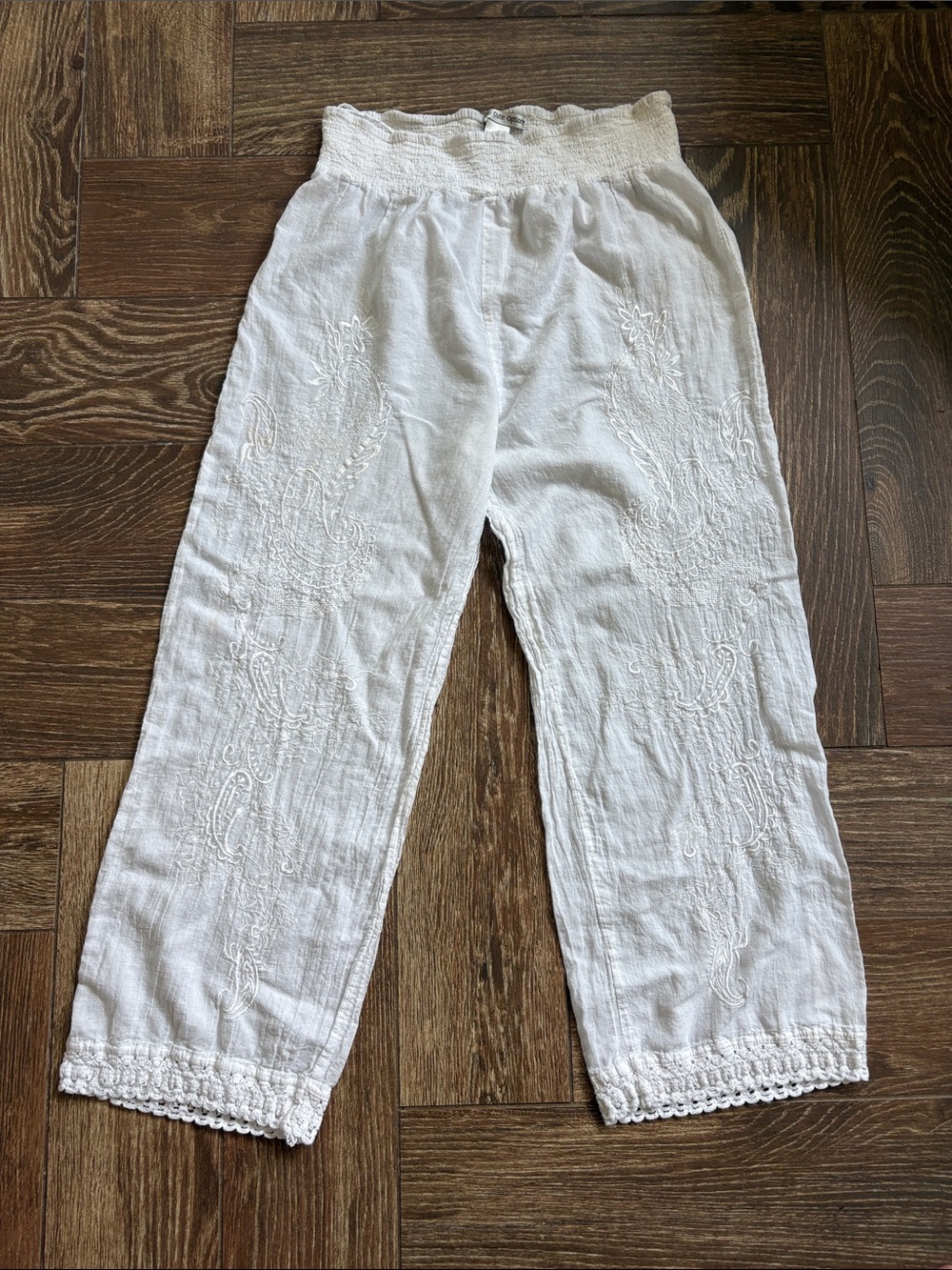 White Cotton Gauze Smocked Waist Pants with Crochet Hem